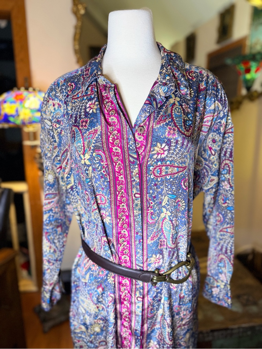 Summer Bright Paisley Button-Front Shirt Dress w/Leather Belt w/Metal Bucke - Picture 3 of 12